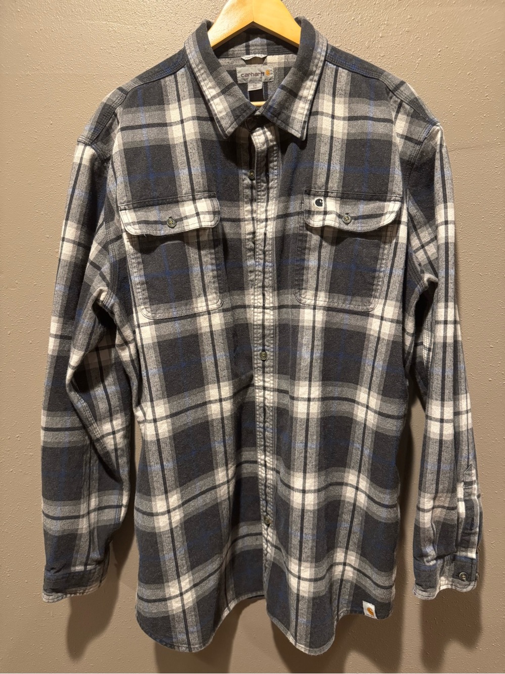 Vintage Carhartt Men’s Blue and Gray Plaid Flannel Shirt